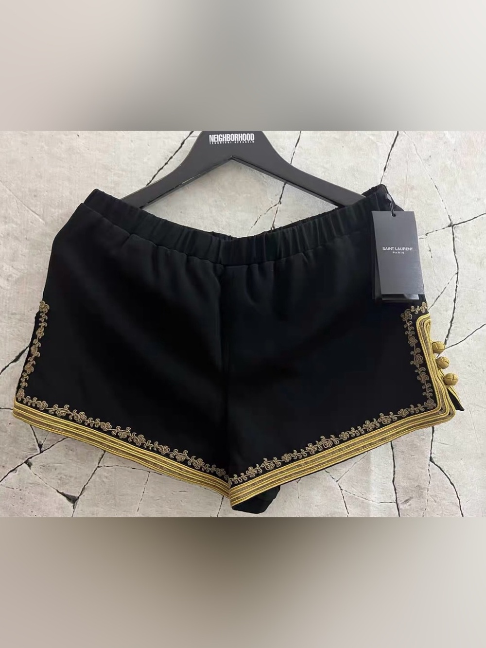 🚩steal Saint Laurent Black Athletic Shorts with Gold Trim